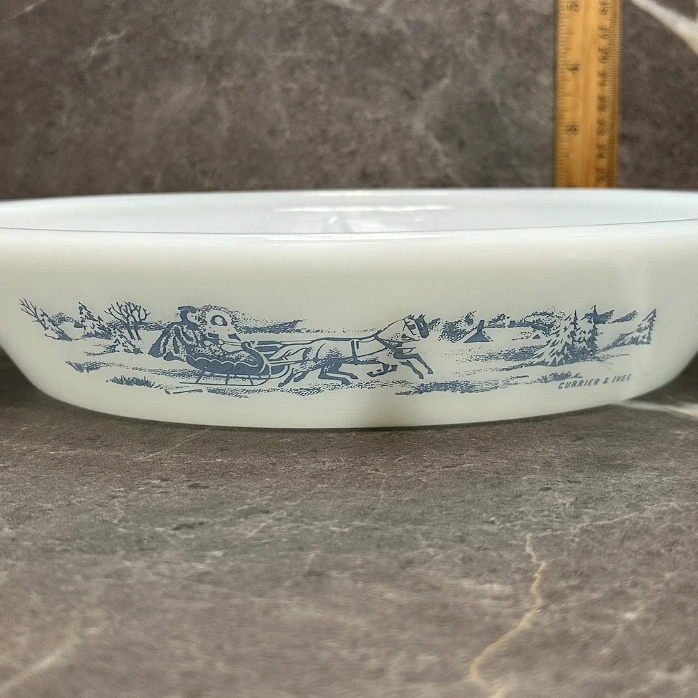 Glasbake Currier & Ives Blue Sleigh Milk Glass Divided Serving Dish Oval Cozy